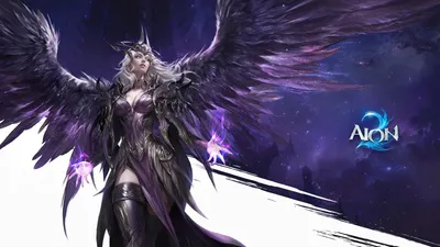 Официальный ключевой арт AION 2: тёмнокрылый воин ближнего боя под грозовым небом