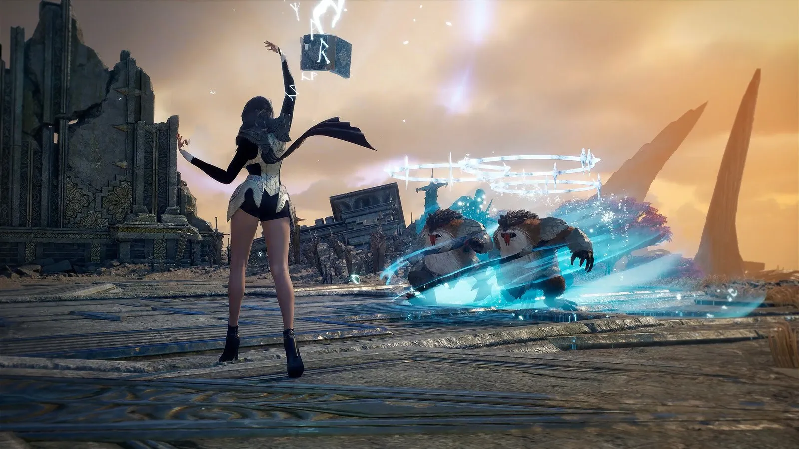 Official AION 2 screenshot of a winged fighter casting a blue energy attack