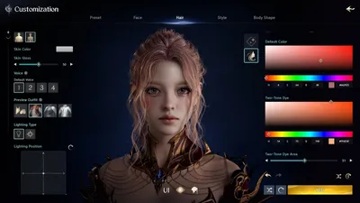 Официальный скриншот AION 2: экран создания персонажа с ползунками и палитрой