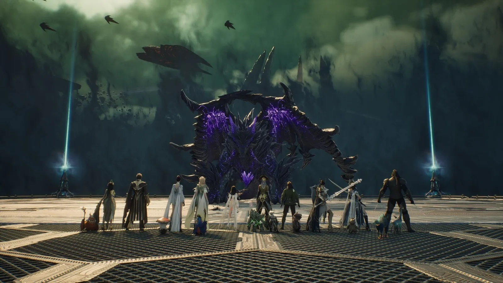 Official AION 2 screenshot of a party of winged characters gathered in a dark hall
