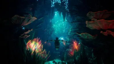 Официальный скриншот AION 2: группа сражается в светящейся бирюзовой пещере