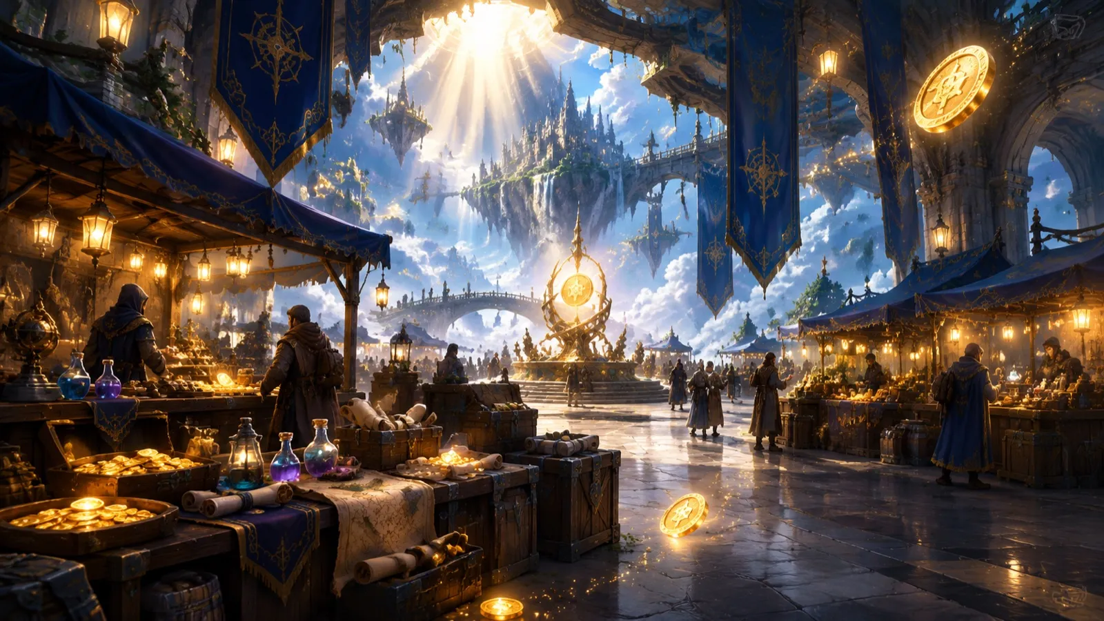 Illustration made for this wiki: a torch-lit floating market with crates, potions and glowing coin sigils