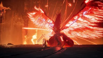 Официальный скриншот AION 2: персонаж с золотыми огненными крыльями и пылающим оружием