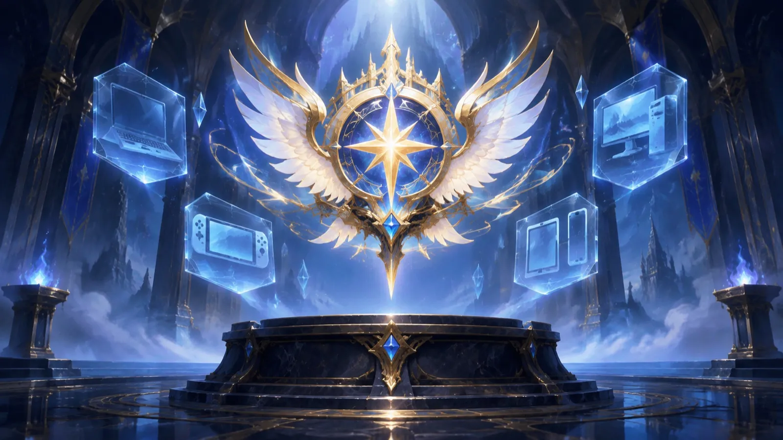 Illustration made for this wiki: a winged golden crest above a stone plinth with translucent panes shaped like a laptop, handheld, tablet and desktop