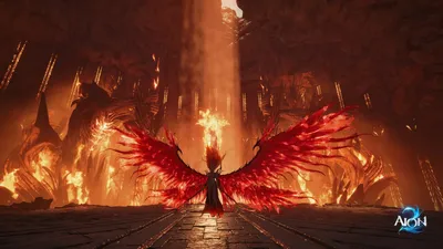 Официальный ключевой арт AION 2: крылатые бойцы над каньоном в красном свете